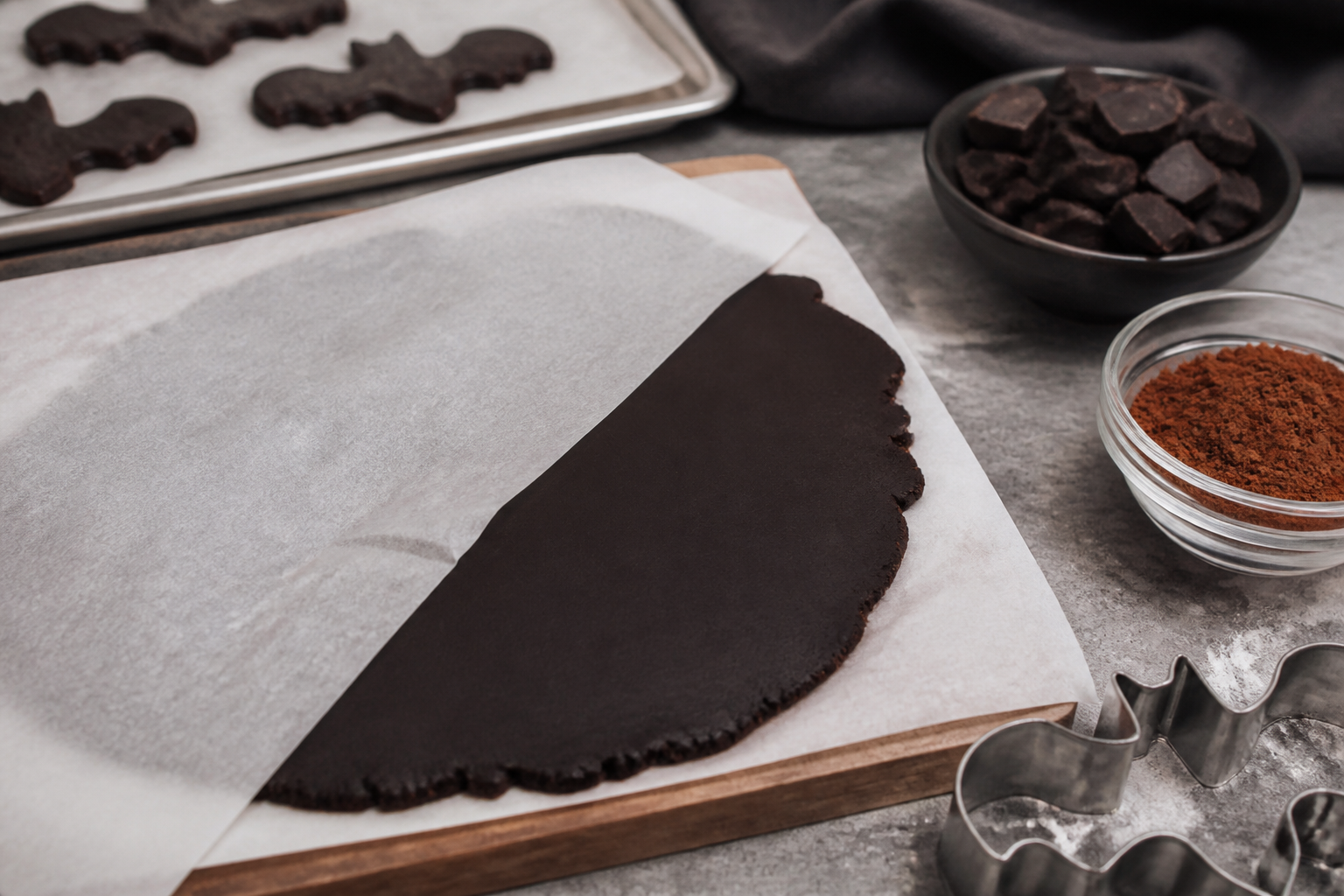 Rolling and prepping black cocoa cookie dough between parchment before the first chill