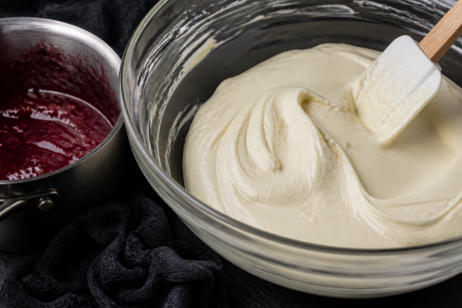 Close-up mixing stage for Halloween brain cheesecake jars