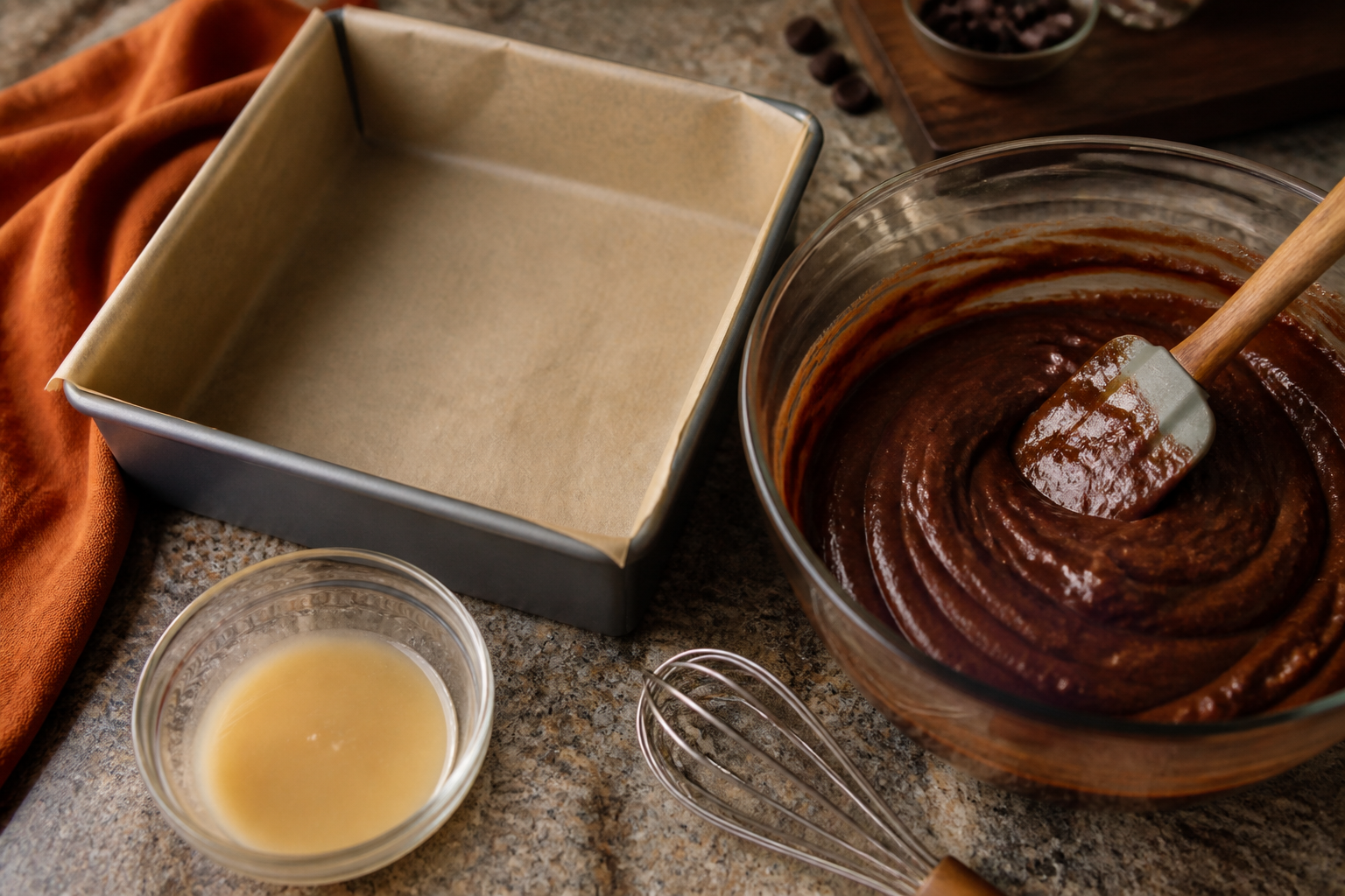 Chocolate brownie batter mixing stage with maple-miso glaze bowl