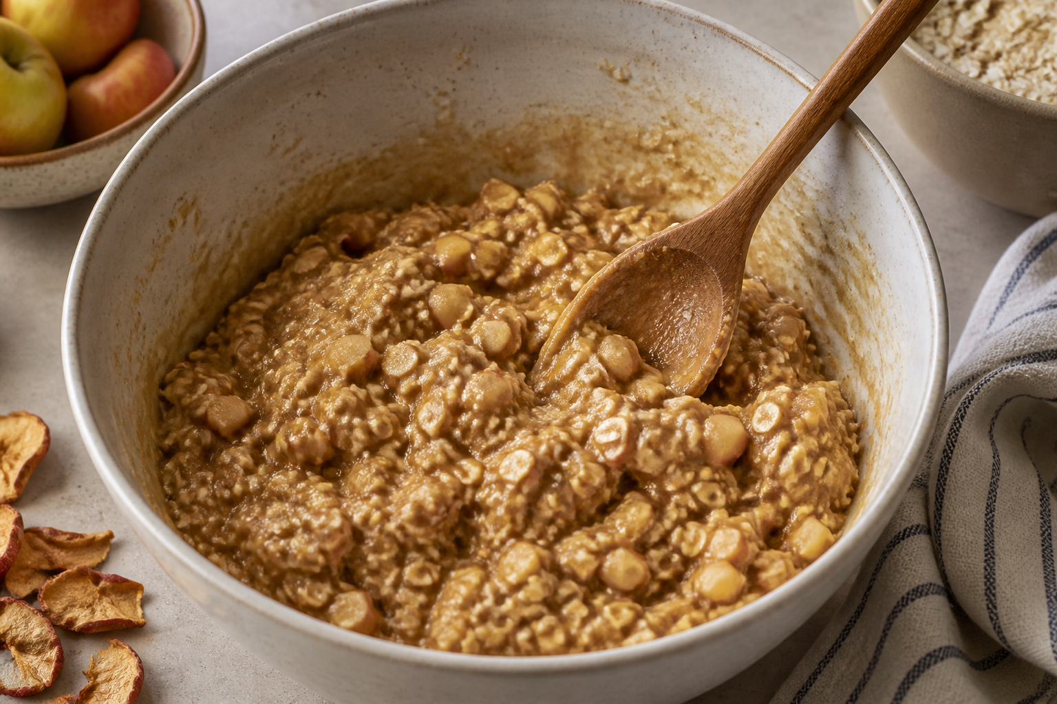 Brown-butter apple oatmeal cookie dough mixed with reduced applesauce and dried apple pieces