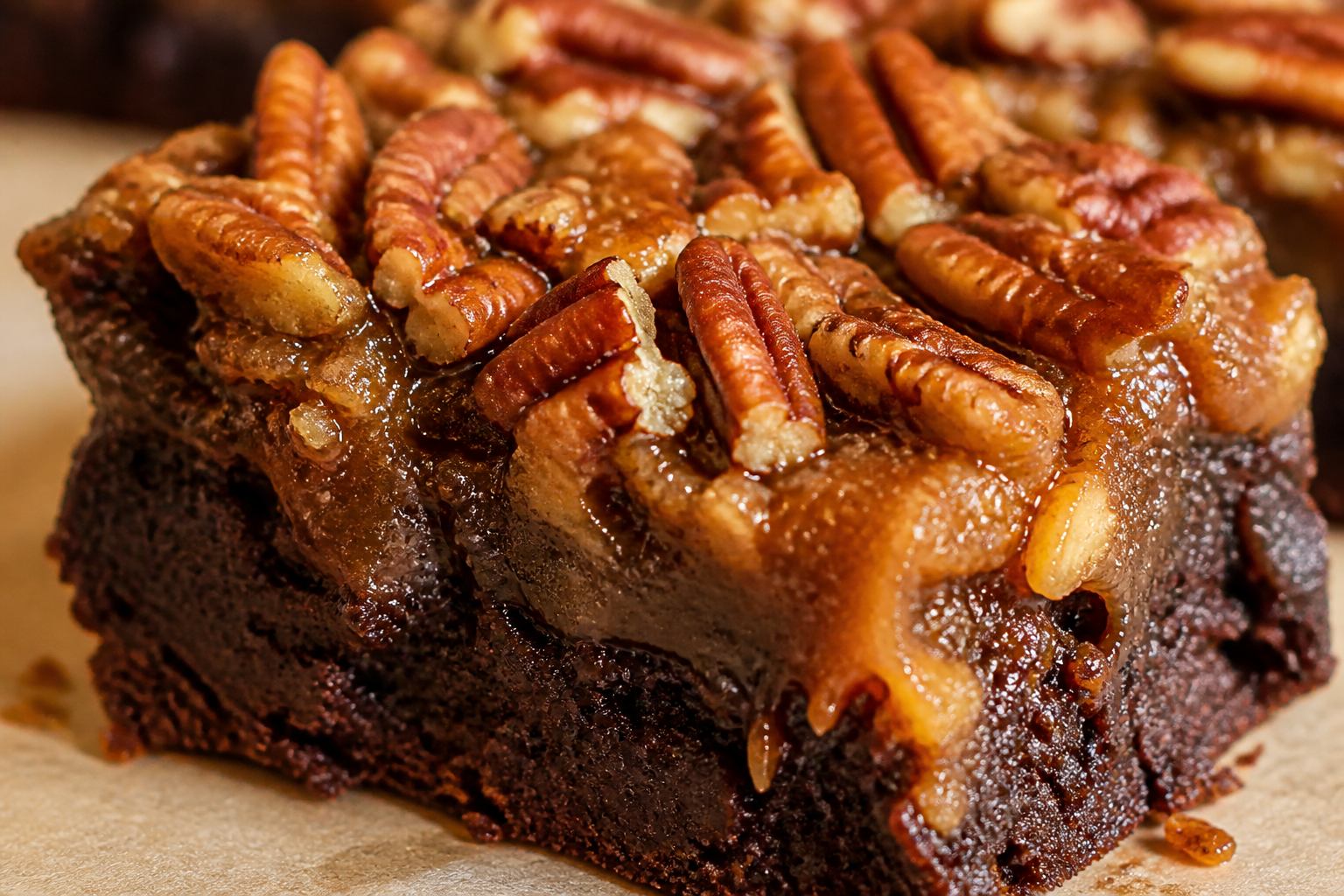Close-up of gooey pecan pie caramel on a fudgy brownie bar