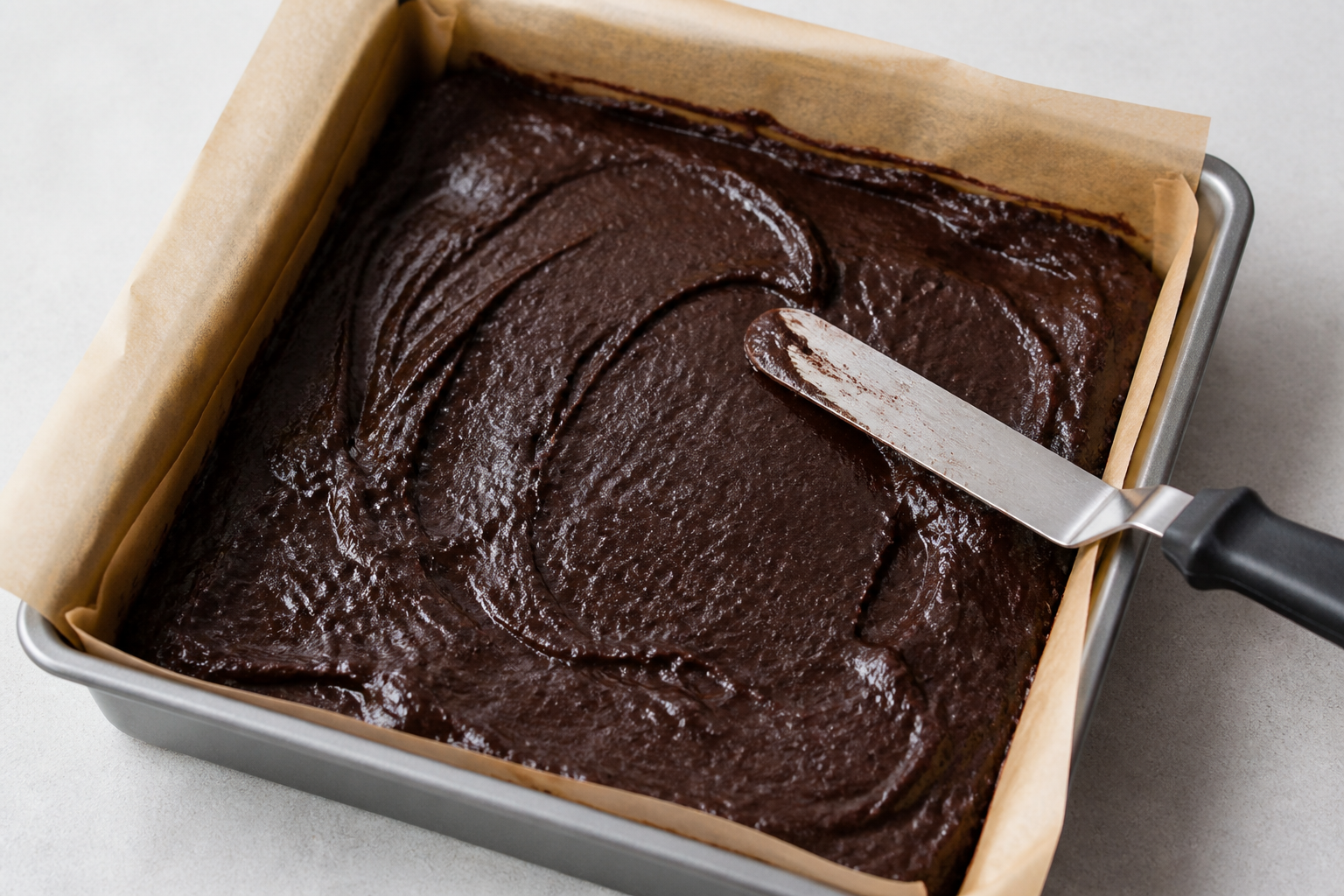 Black cocoa brownie batter spread in an 8x8 pan lined with parchment, ready to bake