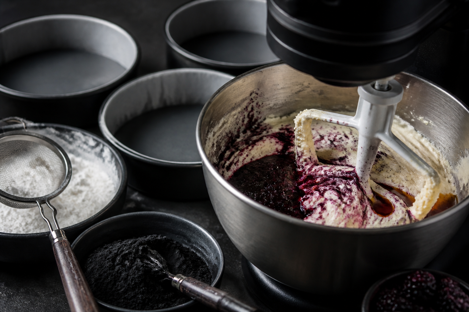 Mixing batter for the blackberry-vanilla cake layers in a stand mixer before baking