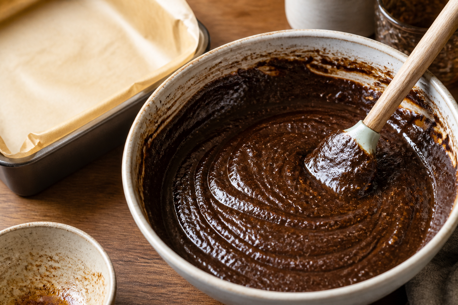 Mixing bowl stage: glossy ginger molasses brownie batter being stirred