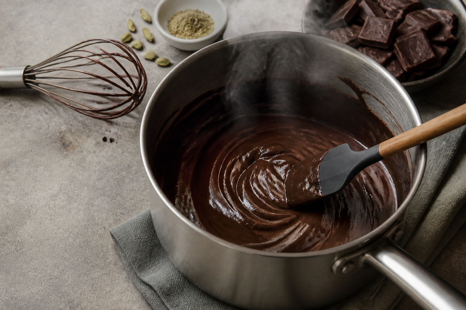 Mixing warm cardamom-infused dairy with melted chocolate for smooth pots de crème