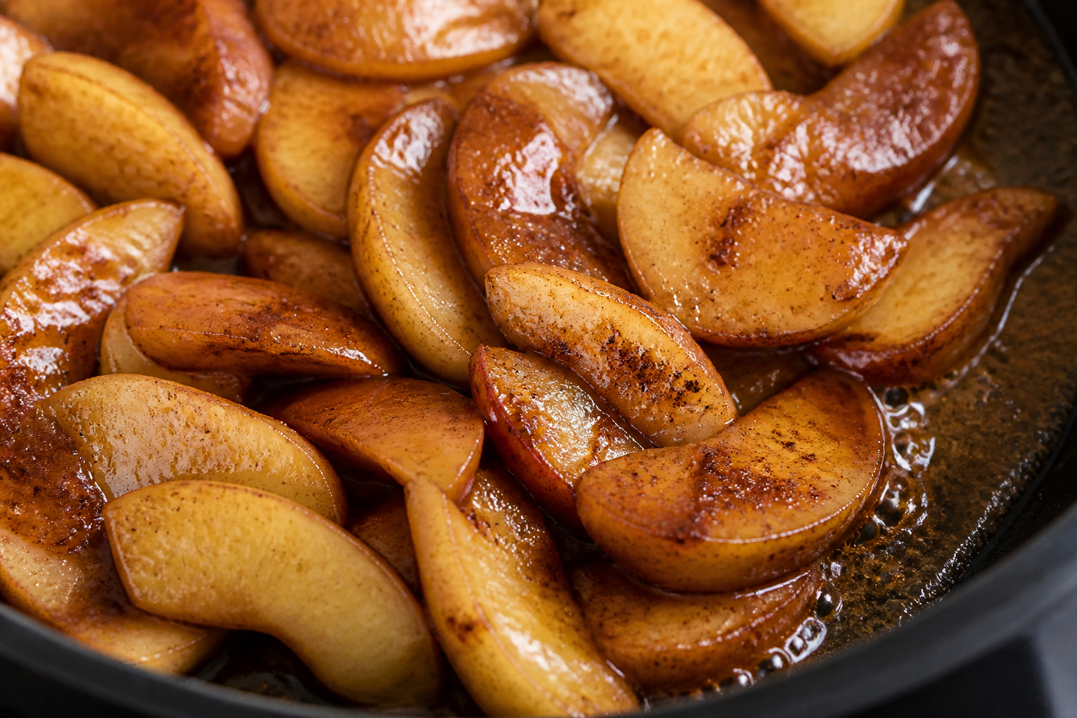 Close-up of caramelized apple slices and glossy cinnamon-brown sugar caramel