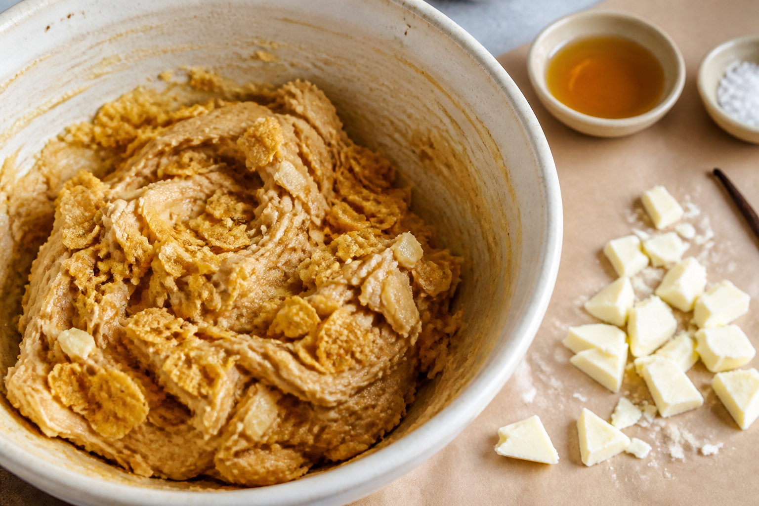 Cookie dough stage with folded toasted cornflakes and ready white chocolate chunks