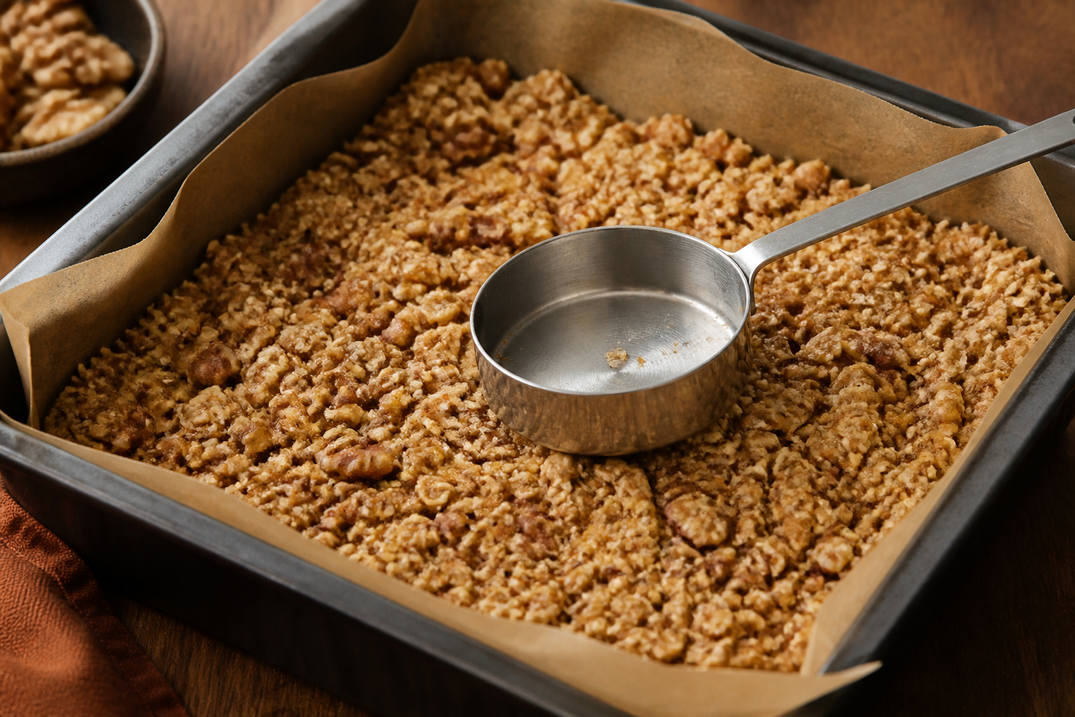 Pressing the toasted walnut–oat crumble crust into the pan for no-bake caramel apple cheesecake bars