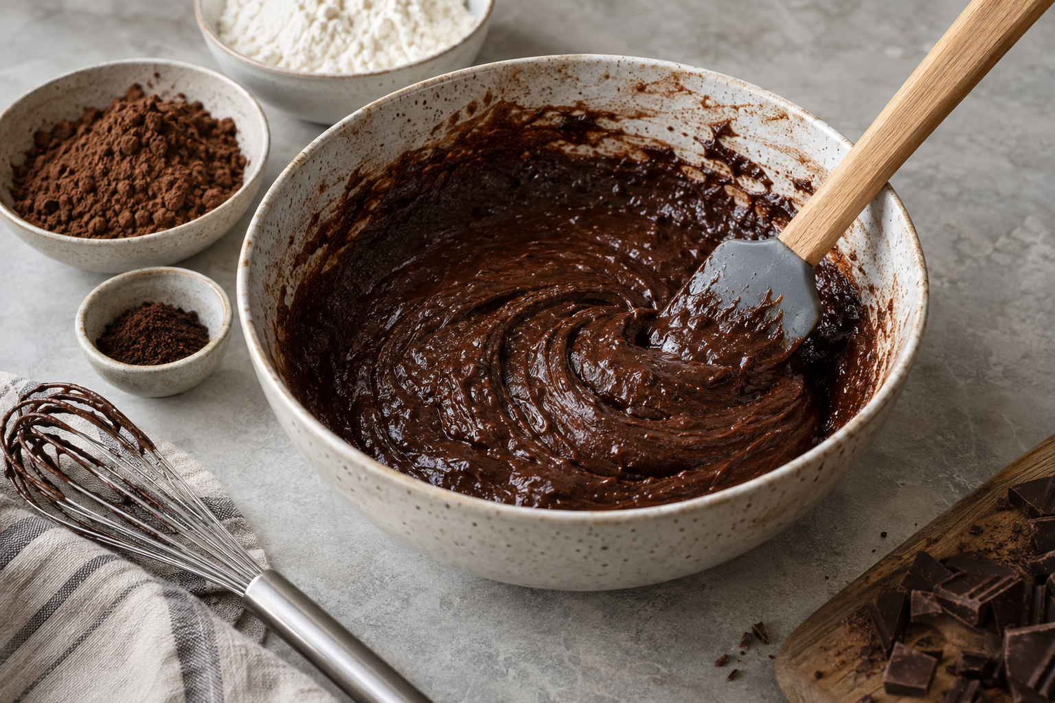 Glossy espresso brownie batter stage in a mixing bowl
