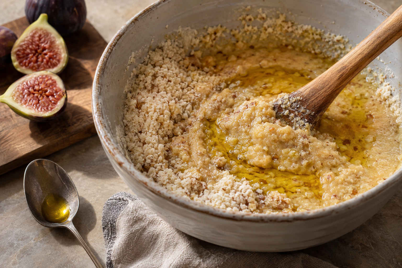 Close-up mixing stage for fresh fig almond olive oil cake batter with figs