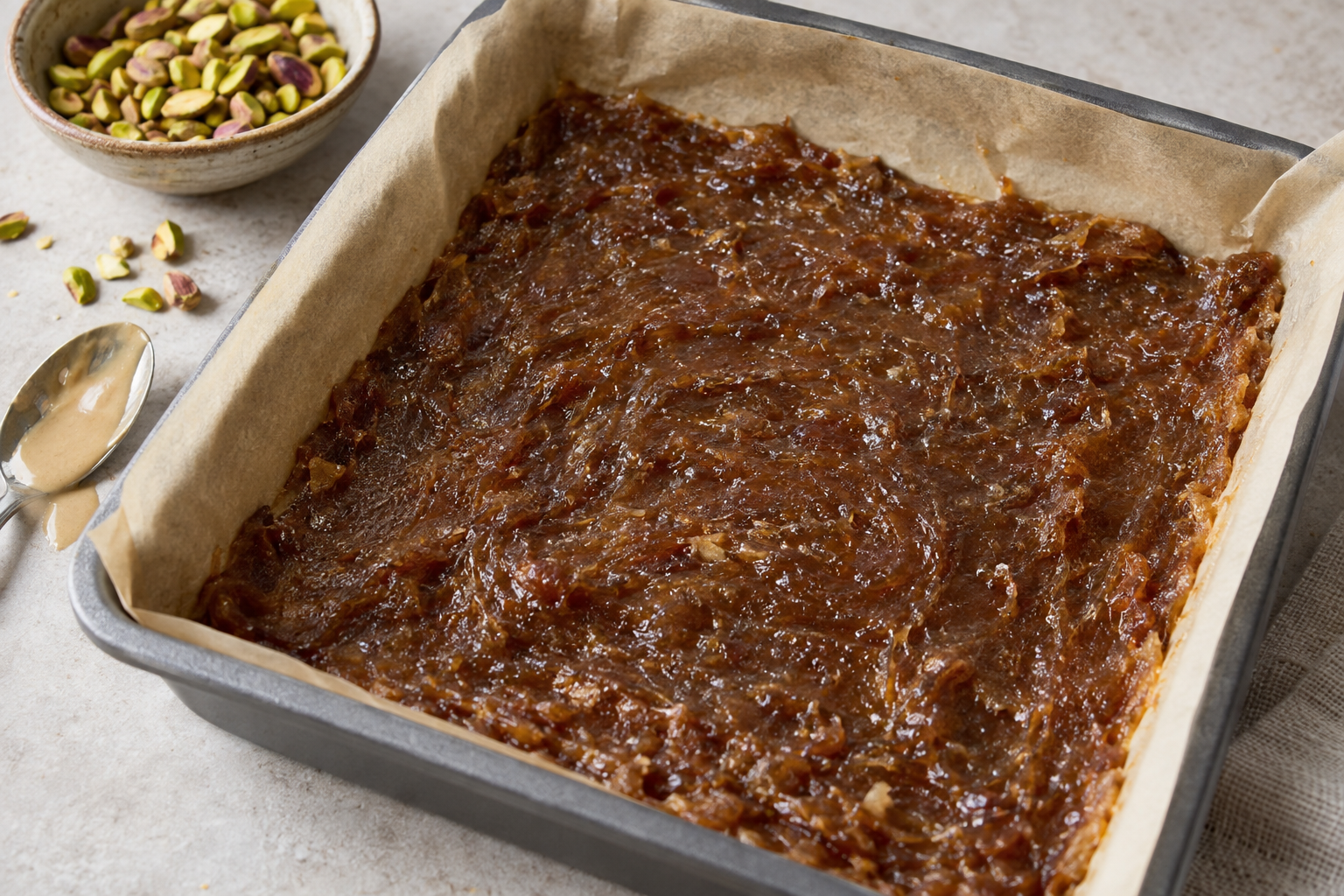 Pressed date-tahini layer on parchment in the pan