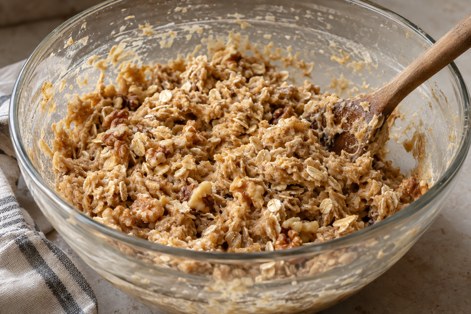 Thick oatmeal cream pie cookie dough with oats and optional walnuts in a mixing bowl