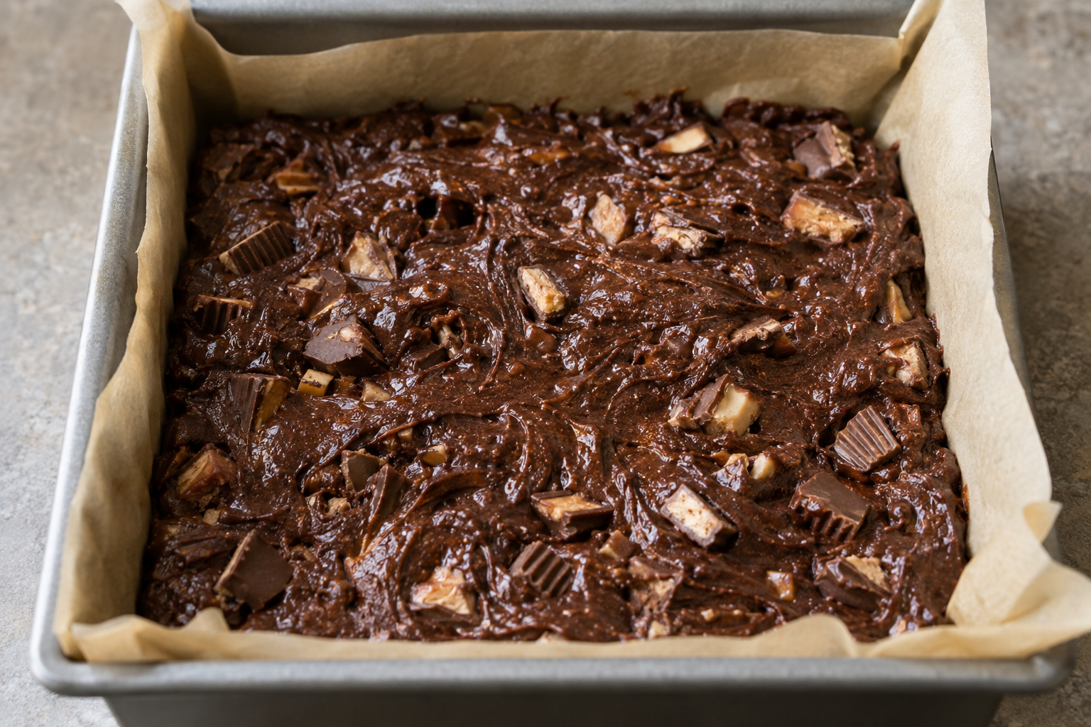 Thick glossy cocoa brownie batter with folded Halloween candy bars in an 8x8-inch parchment-lined pan, pre-bake