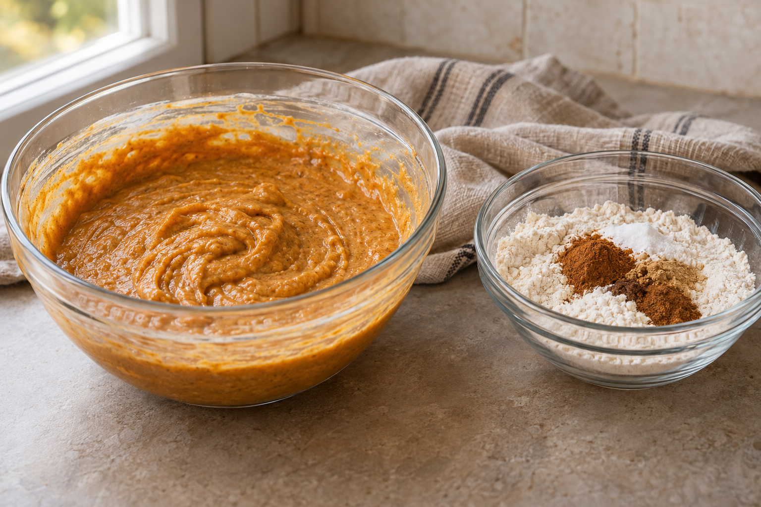 Close-up of pumpkin-spice batter and dry ingredients ready for mixing mini pumpkin Bundt cakes
