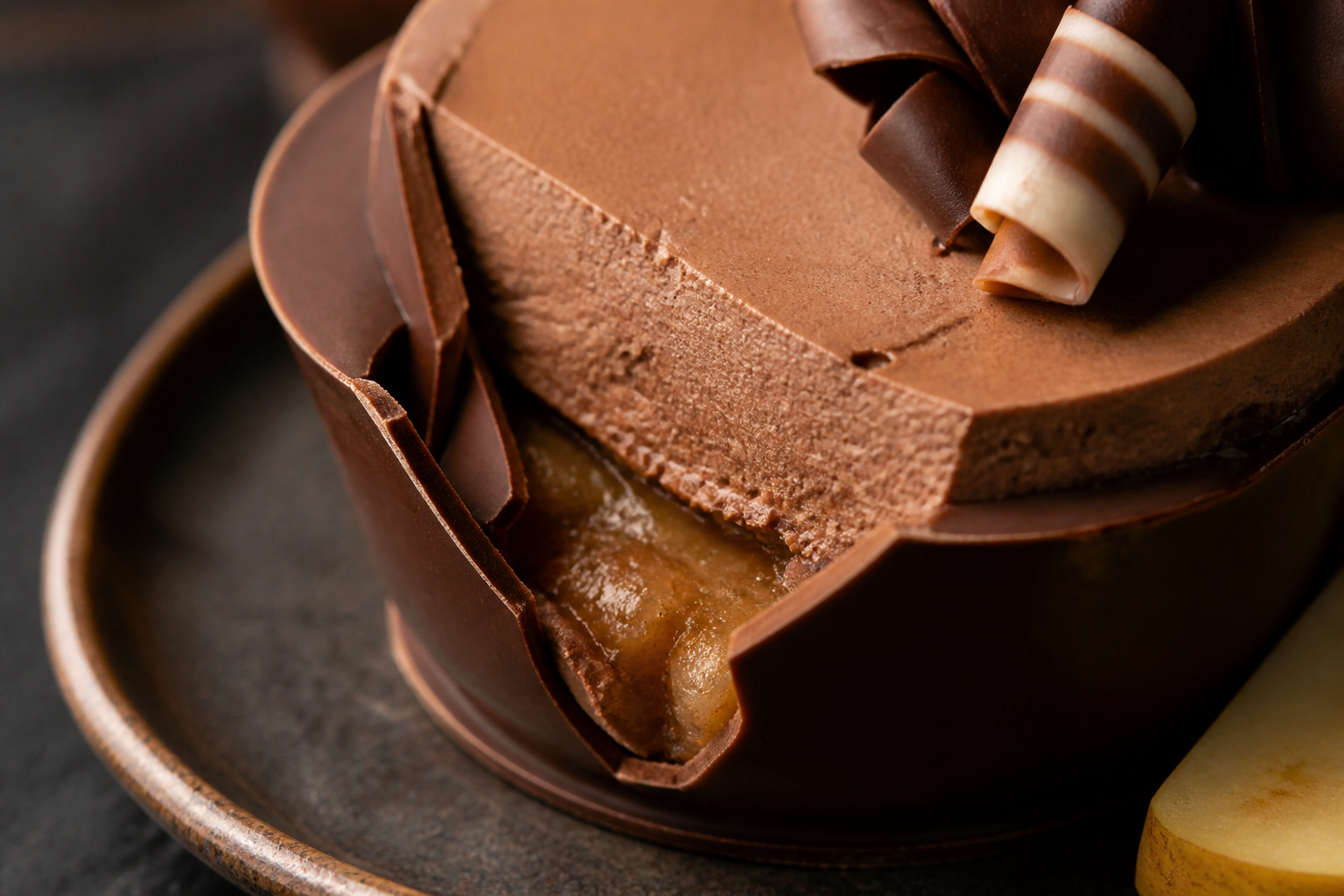 Close-up of cracked chocolate shell revealing caramel apple mousse