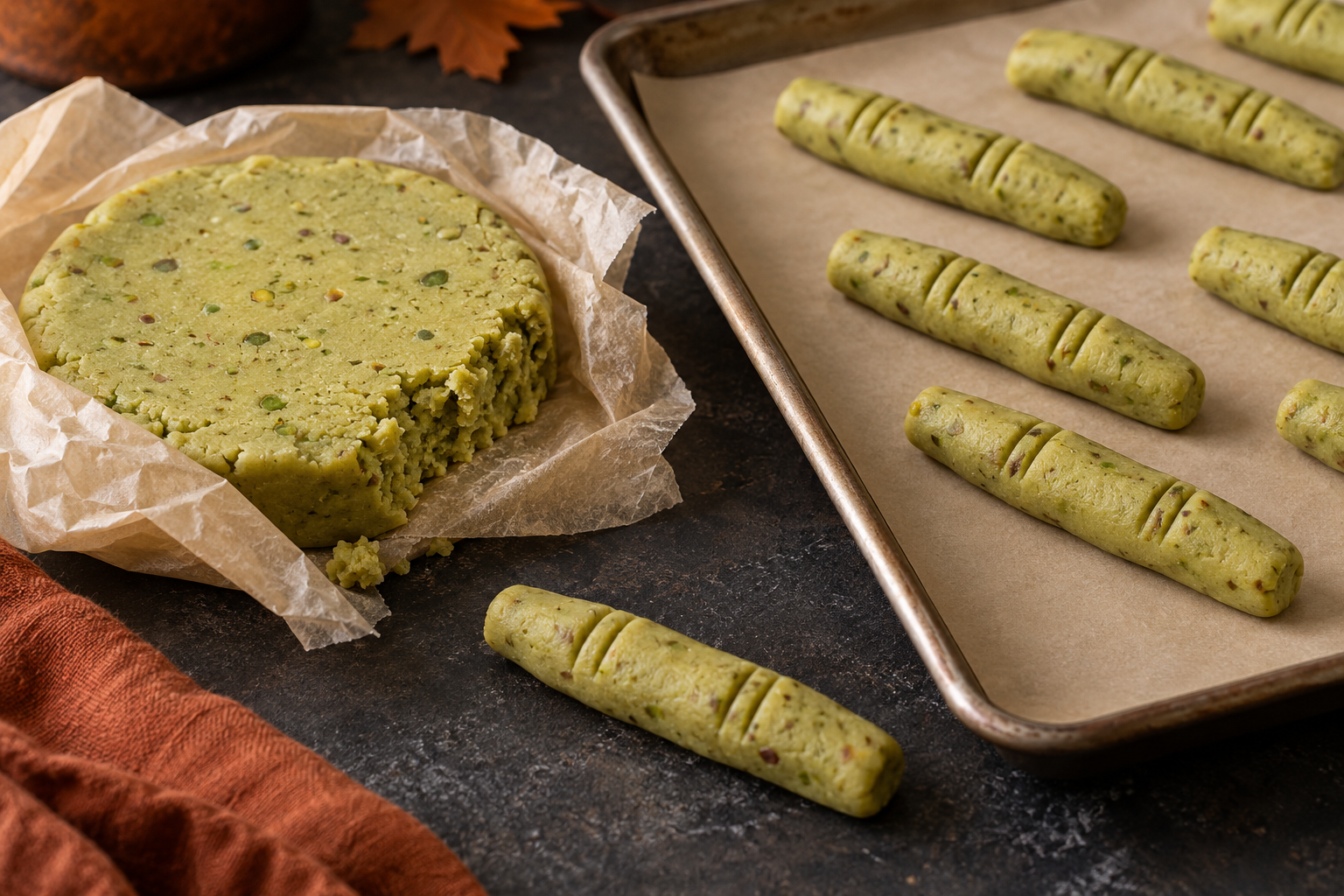 Unbaked witch finger cookies: pistachio shortbread dough scored into ridged fingers (no nails or jam yet)