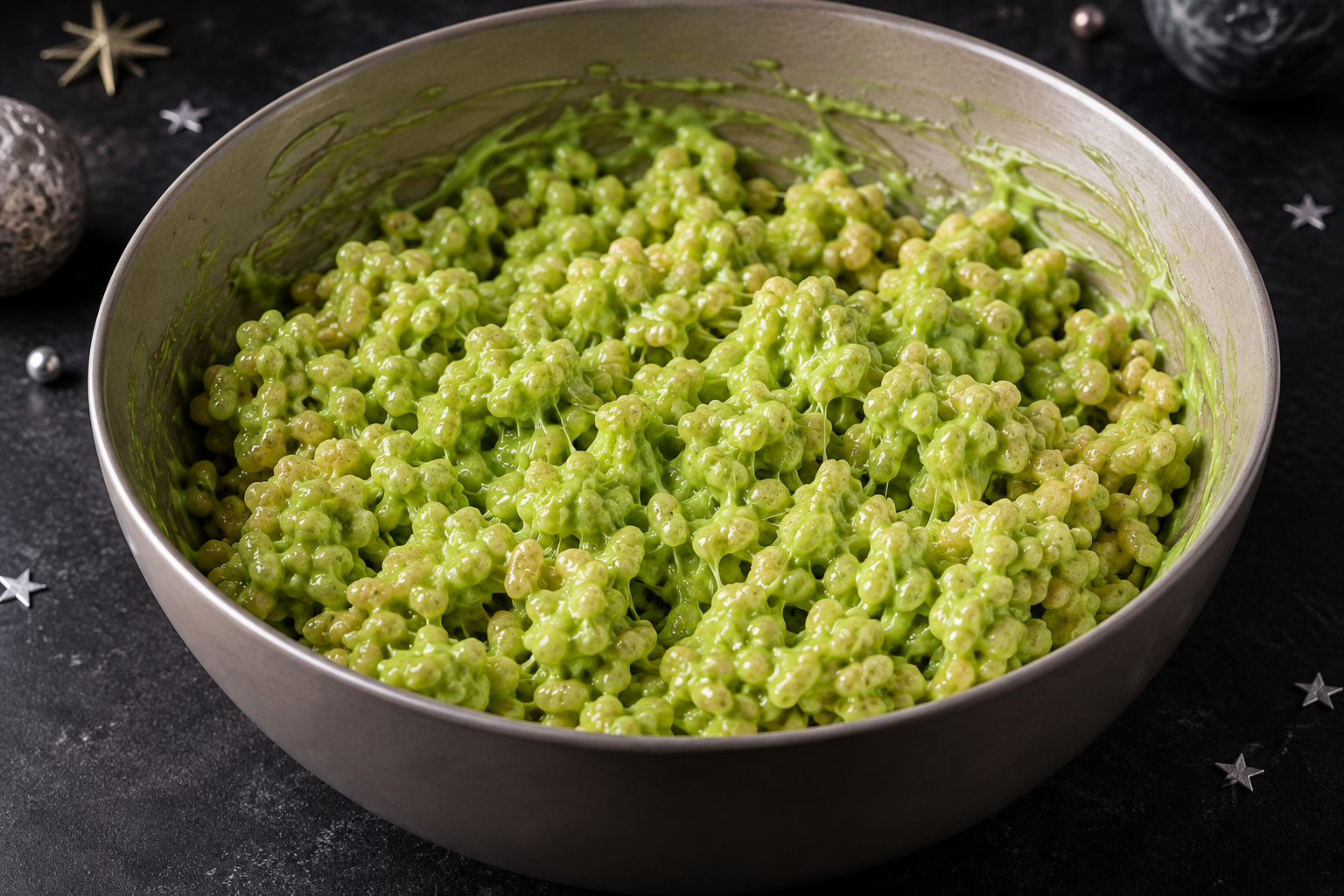 Mixing lime-green marshmallow binder with crispy rice cereal (alien Rice Krispie treats stage)
