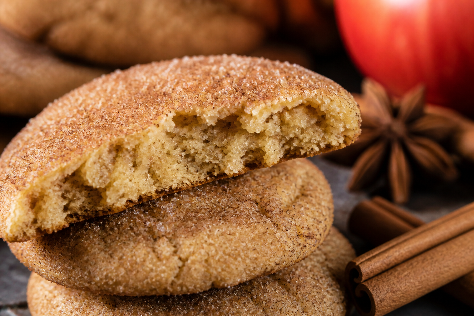Close-up of cinnamon-sugar coated snickerdoodle cookie