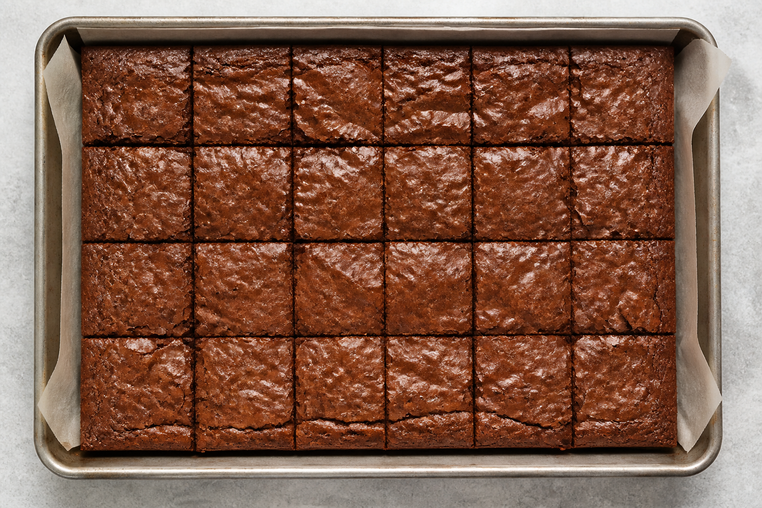 Top-down view of neatly sliced brownie squares for snack boxes