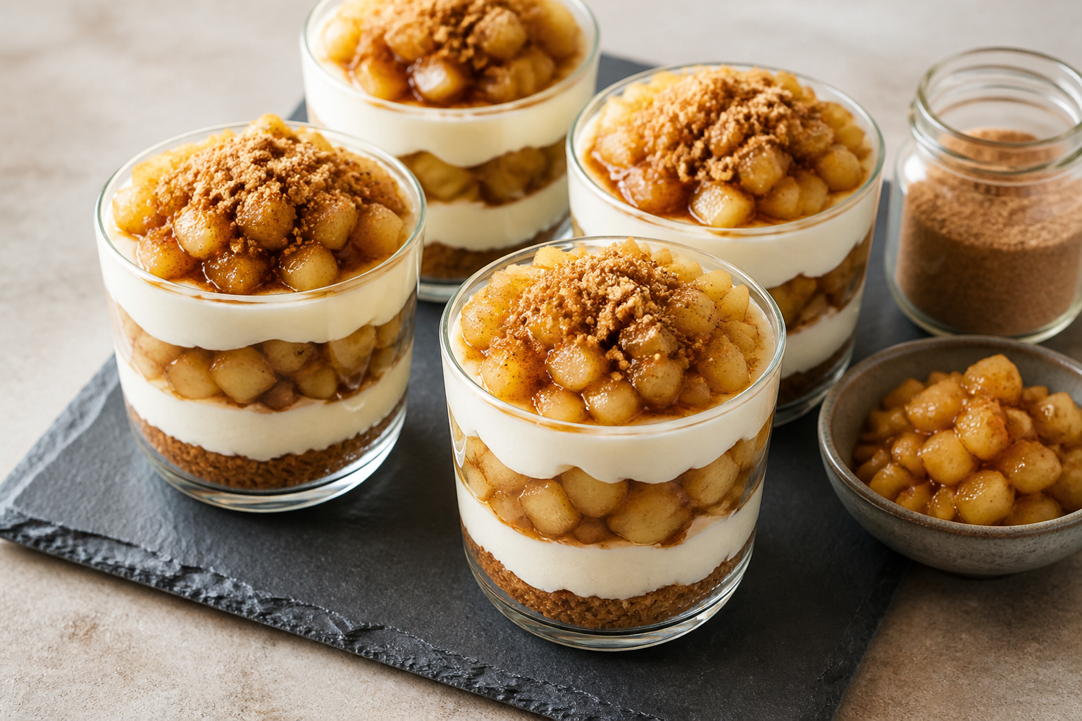 Top-down view of multiple no-bake apple pie cheesecake parfait cups