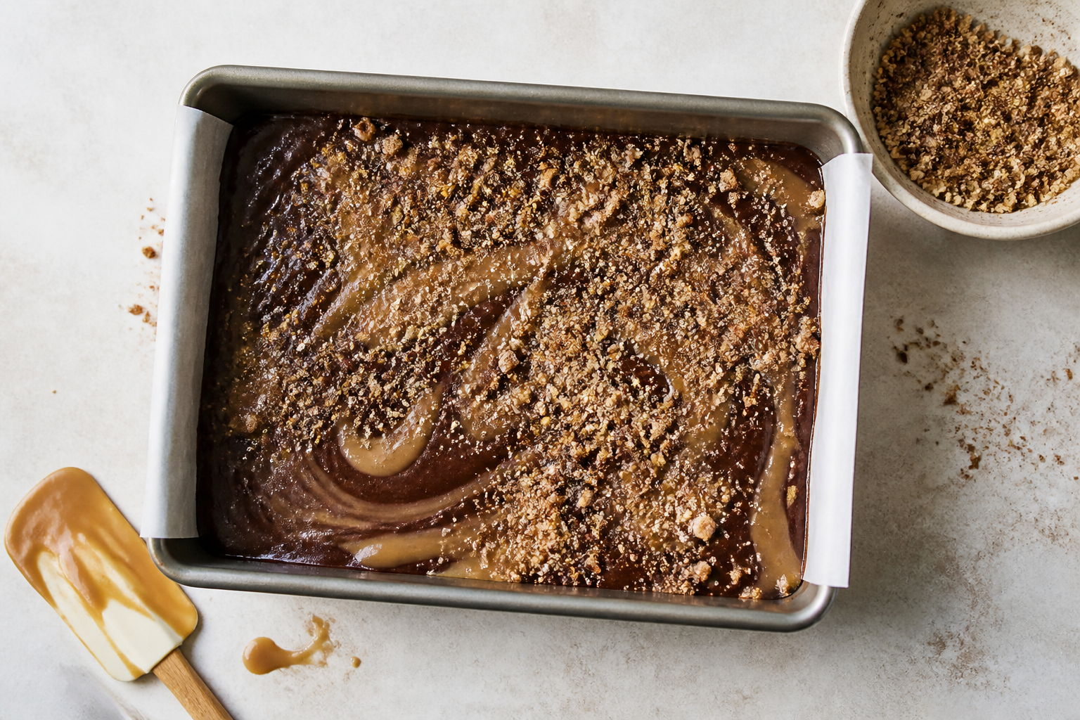 Top-down view of brownies in the pan with dirty chai caramel swirl and crumb topping