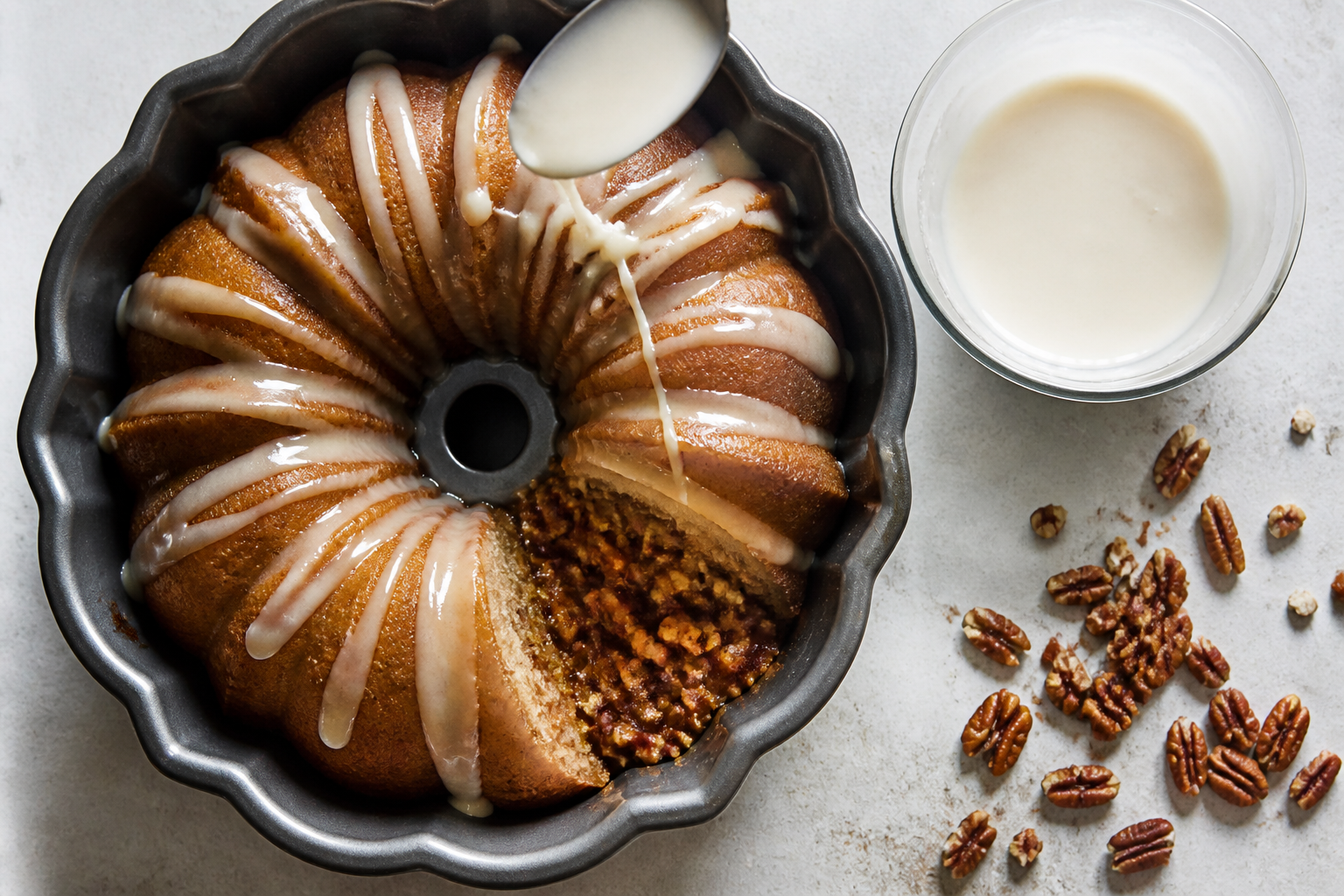 Top-down process view showing glaze being drizzled over the Bundt ridges