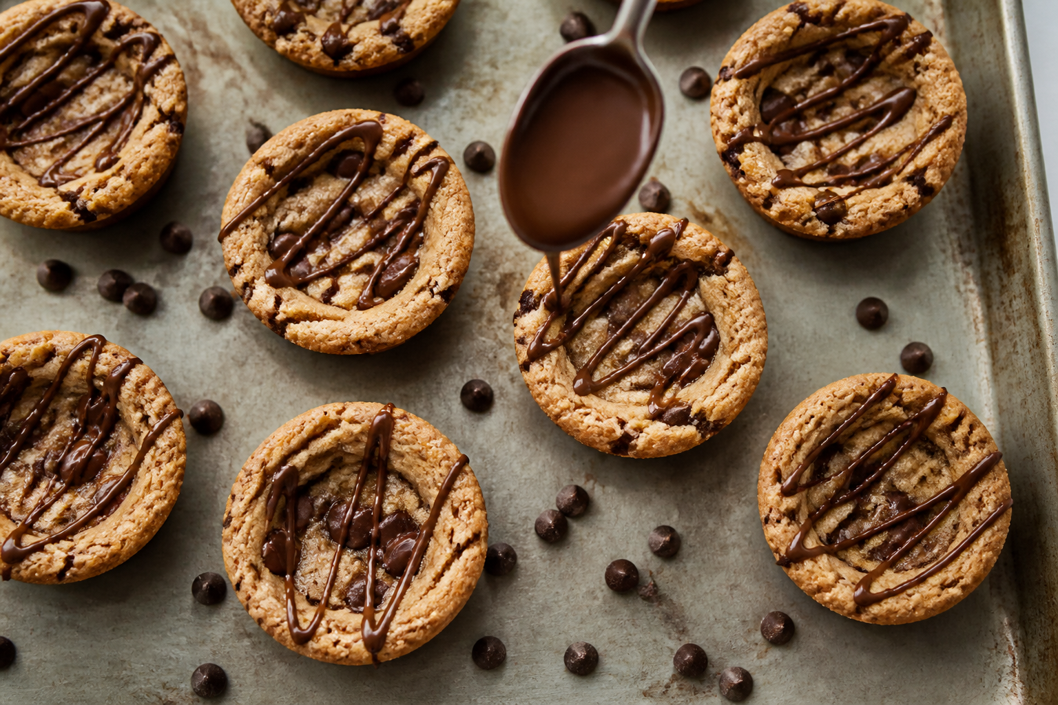 Top-down plated view with cookie cups lined up and cocoa drizzle ribbons visible