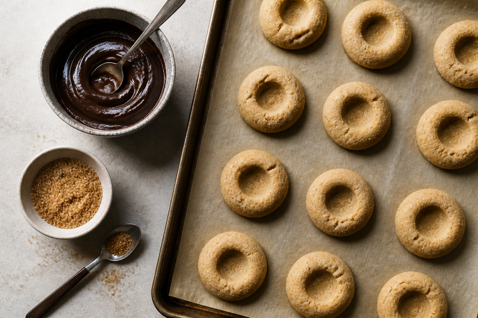 Top-down process view of baking, re-pressing, and filling