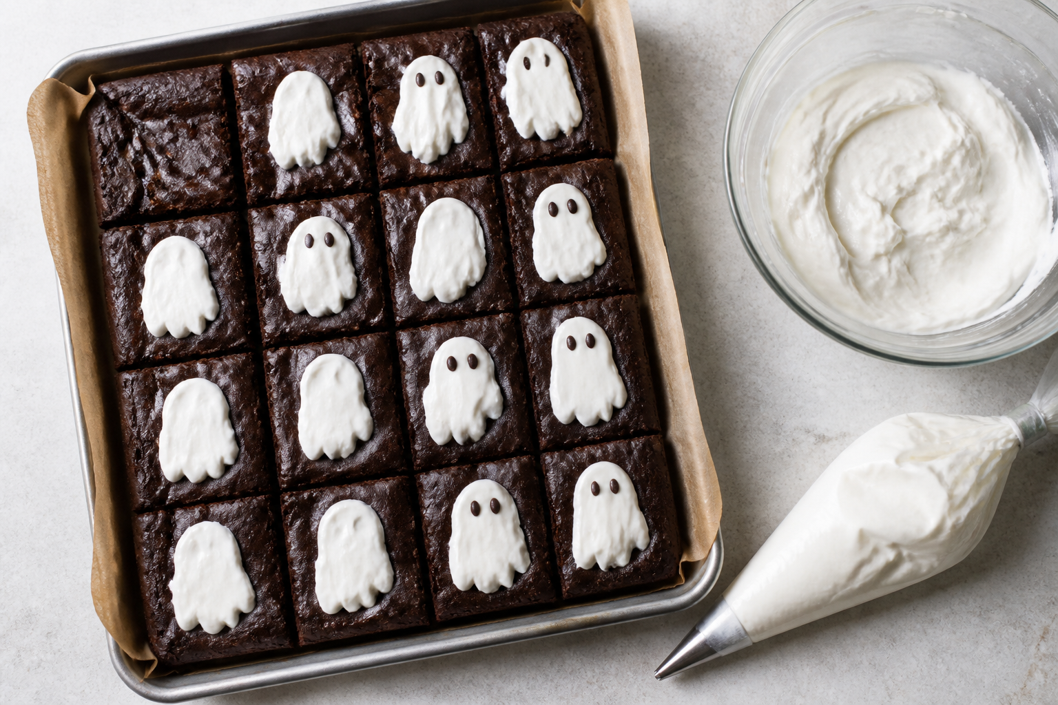 Top-down view of black cocoa brownies cut into squares with ghosts being piped