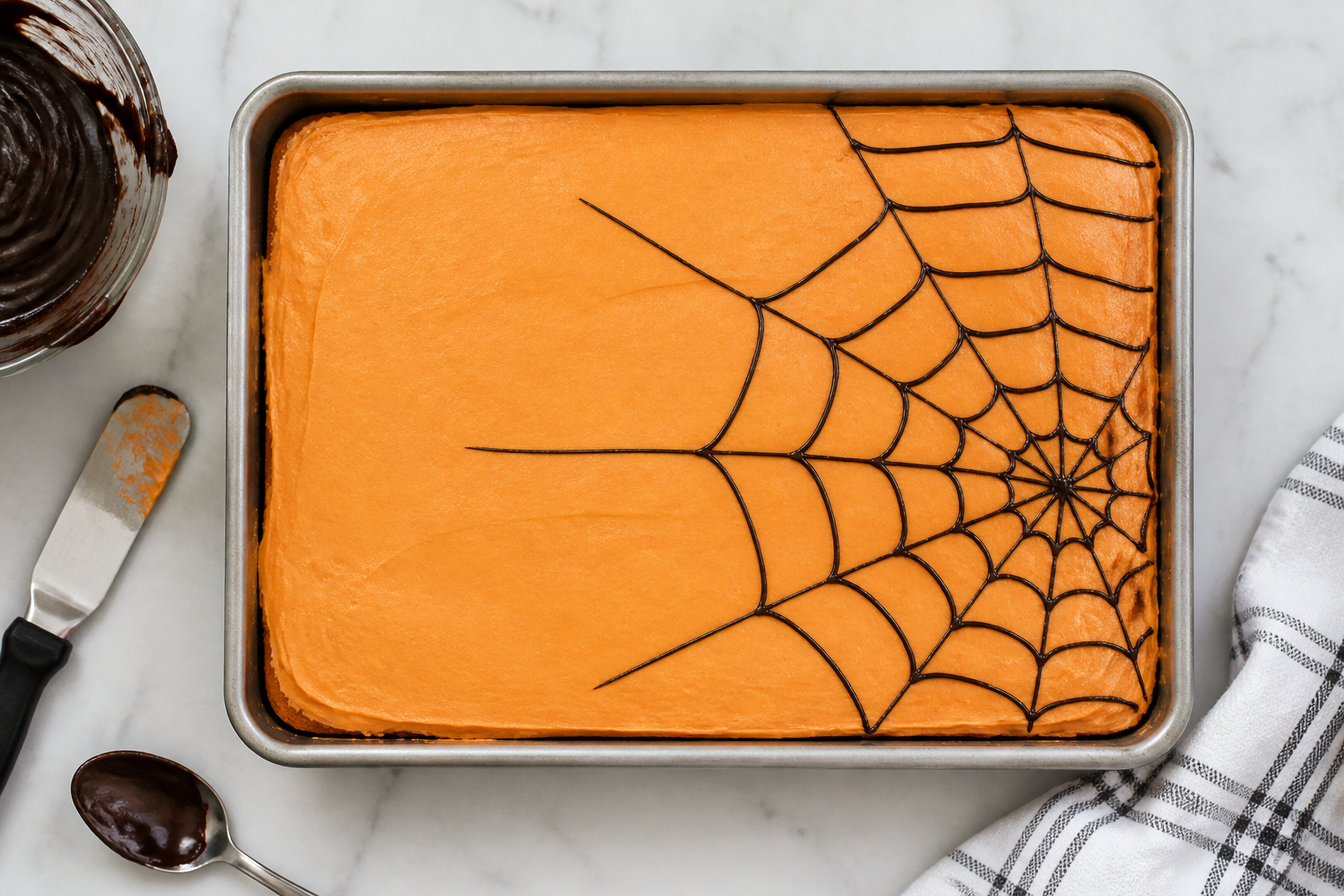 Top-down view showing the spiderweb buttercream technique on a sheet cake