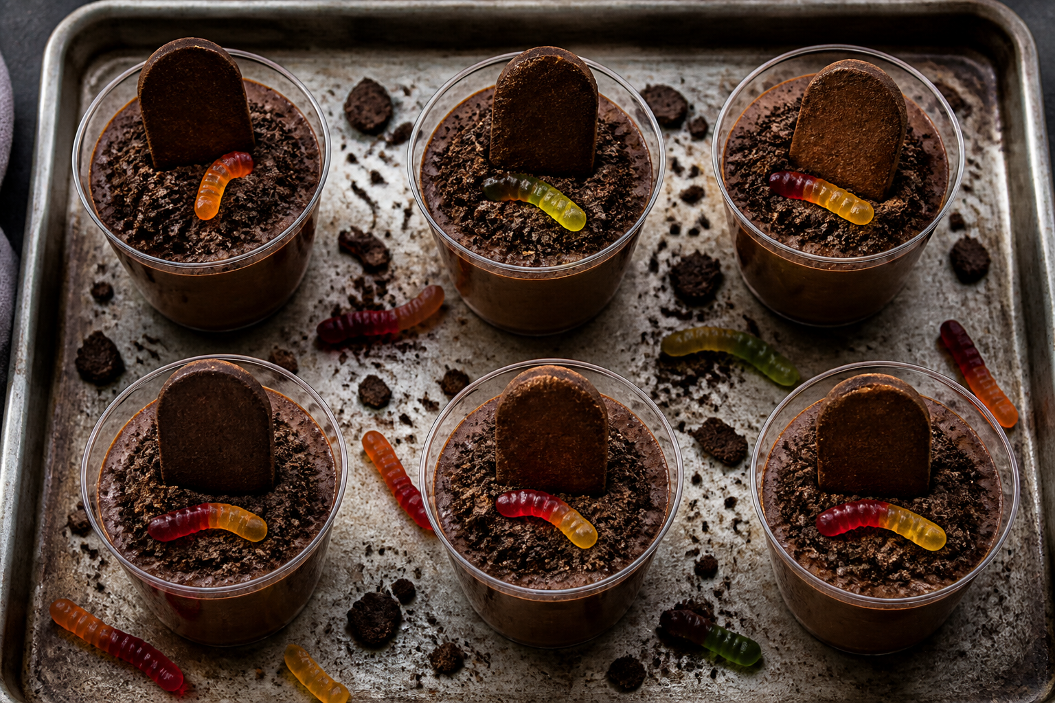 Top-down view of assembled mousse cups with tombstones and crumb soil