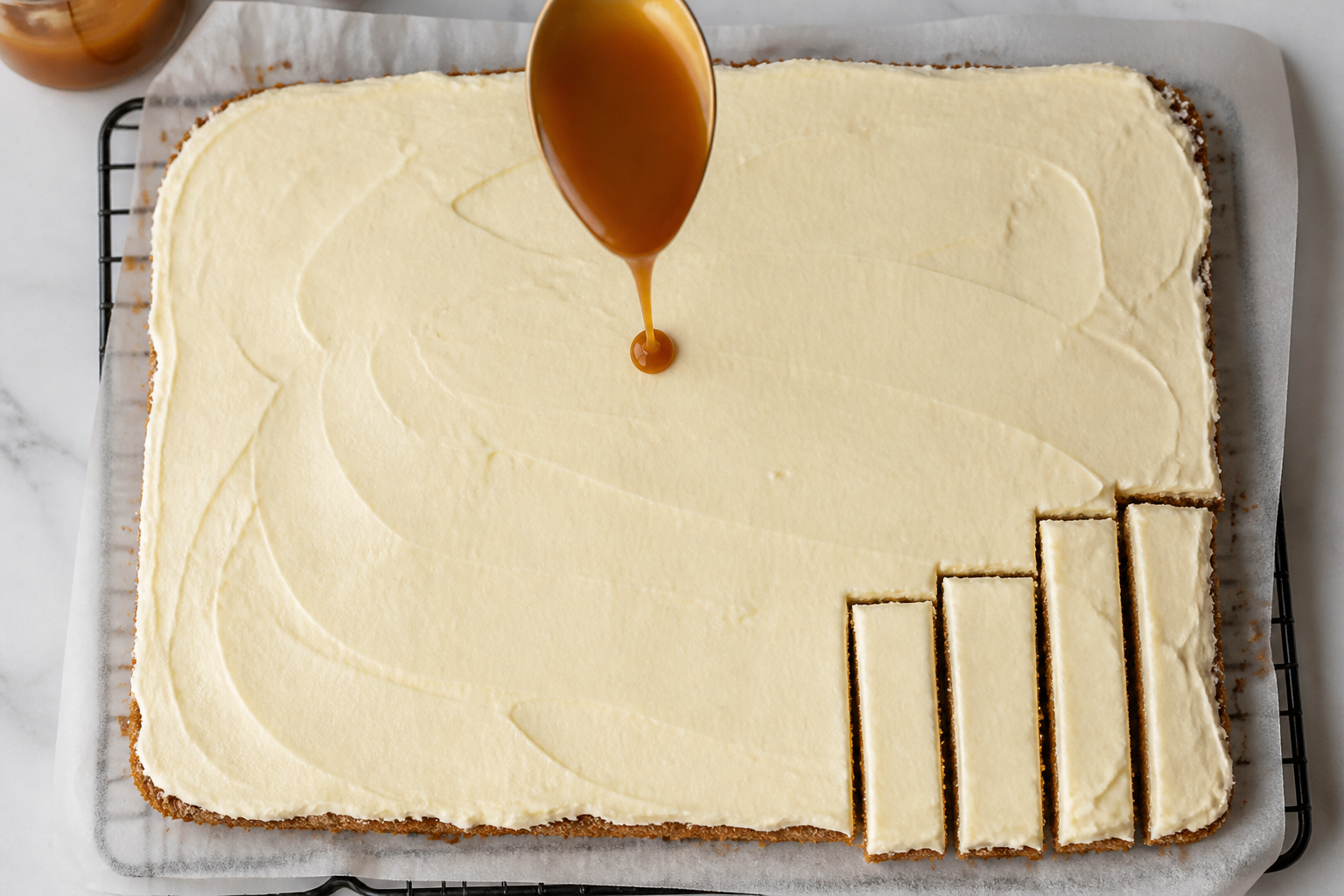 Top-down view of the sheet cake with frosting and caramel drizzle/portioning
