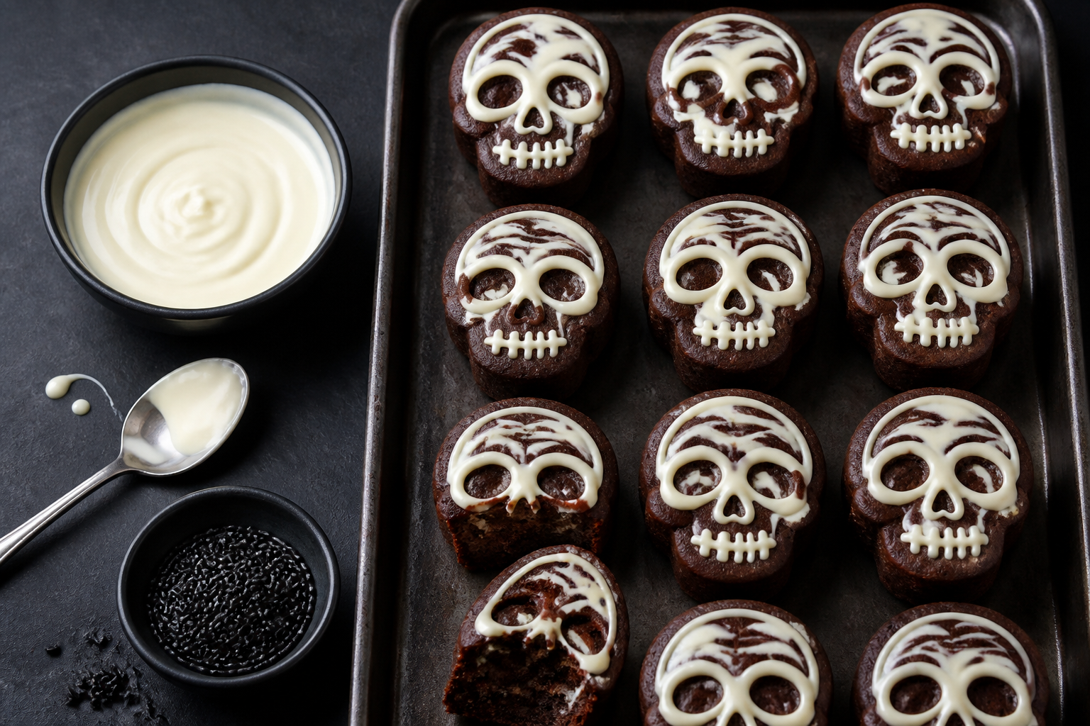 Top-down view of brownie bites with visible swirls and skull drizzle setup