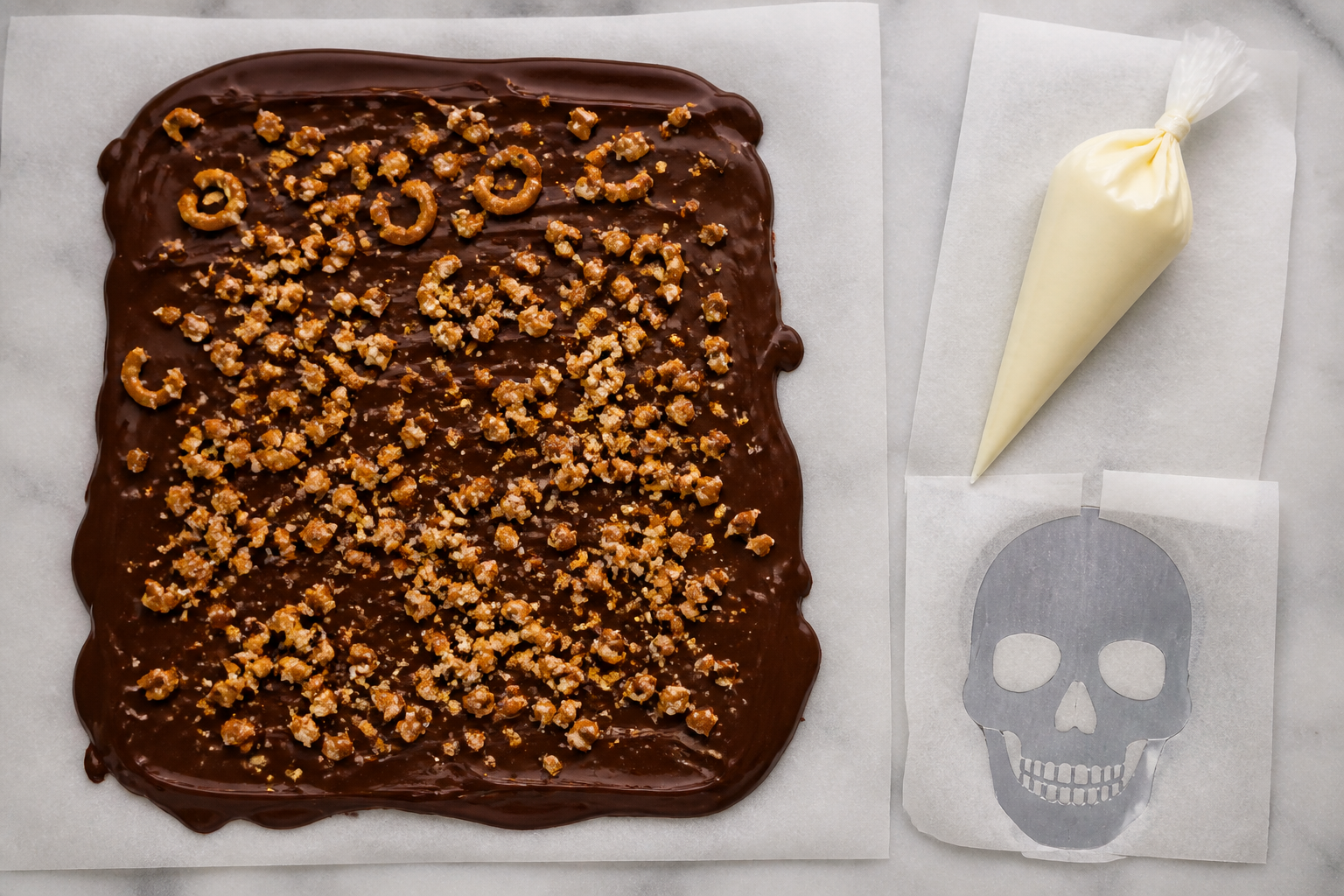 Top-down view showing the parchment-lined bark with pressed pretzels and a skull stencil setup