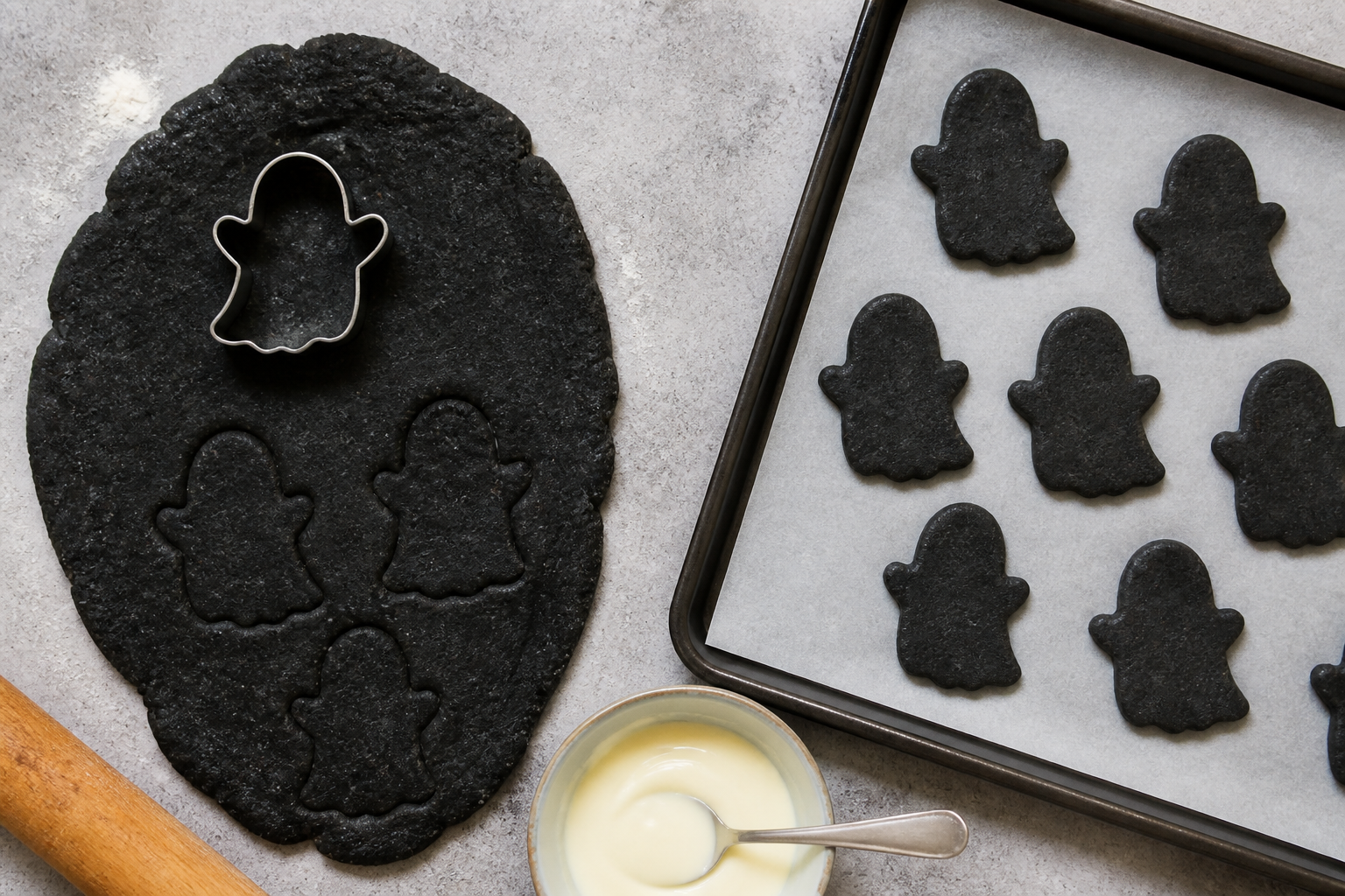 Top-down: rolled dough, ghost cut-outs, and melted white chocolate setup