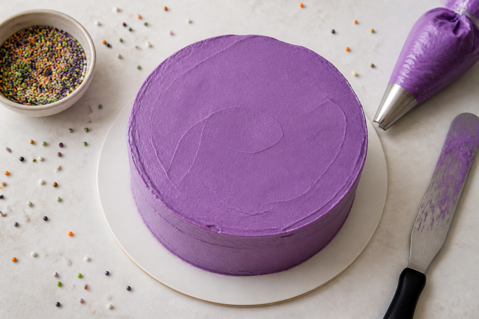 Top-down view showing stacked layers with purple buttercream crumb coat on the Halloween monster eye cake
