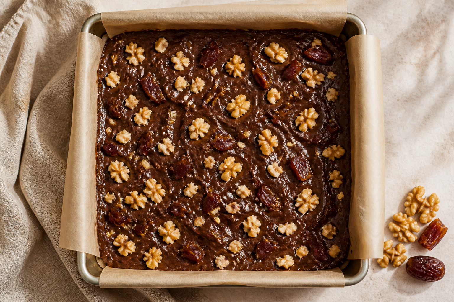 Chocolate date walnut brownie batter spread in a parchment-lined pan before baking