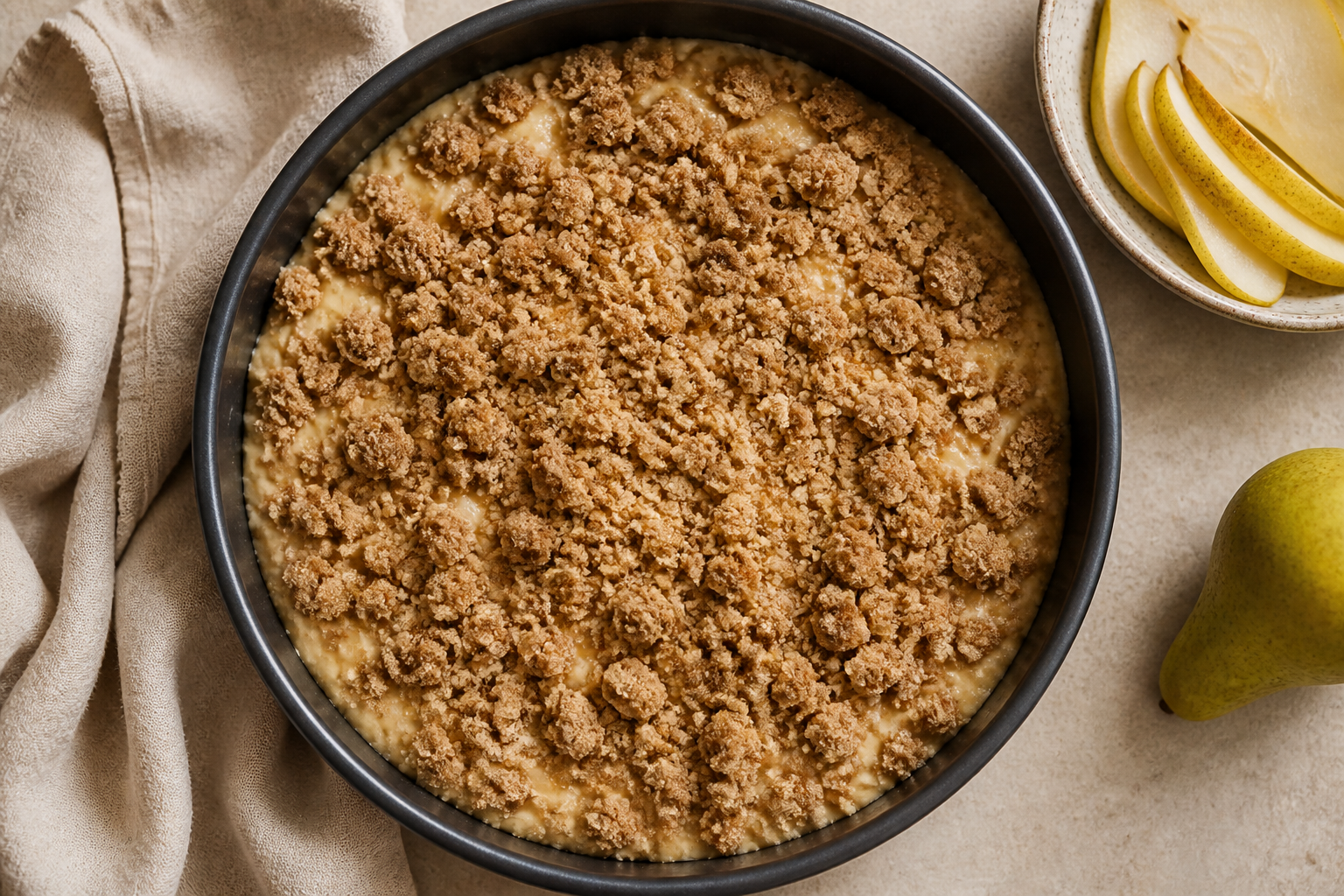 Unbaked pear cardamom crumb cake topped with brown sugar streusel