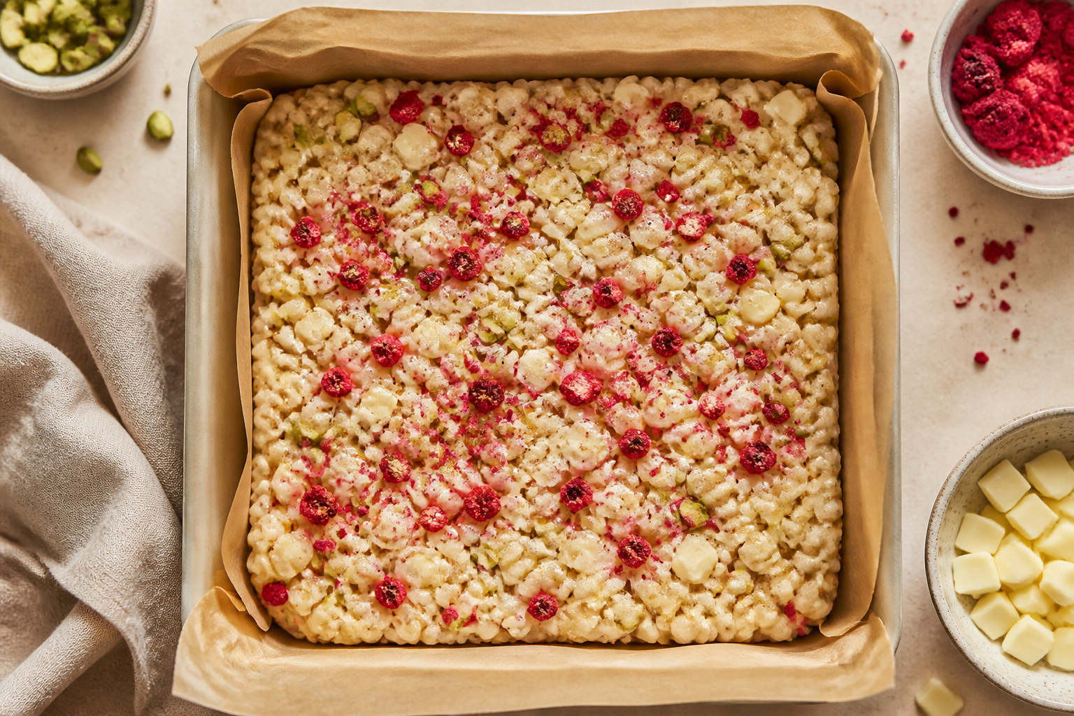 Pistachio raspberry crunch mixture pressed into a lined pan before chilling