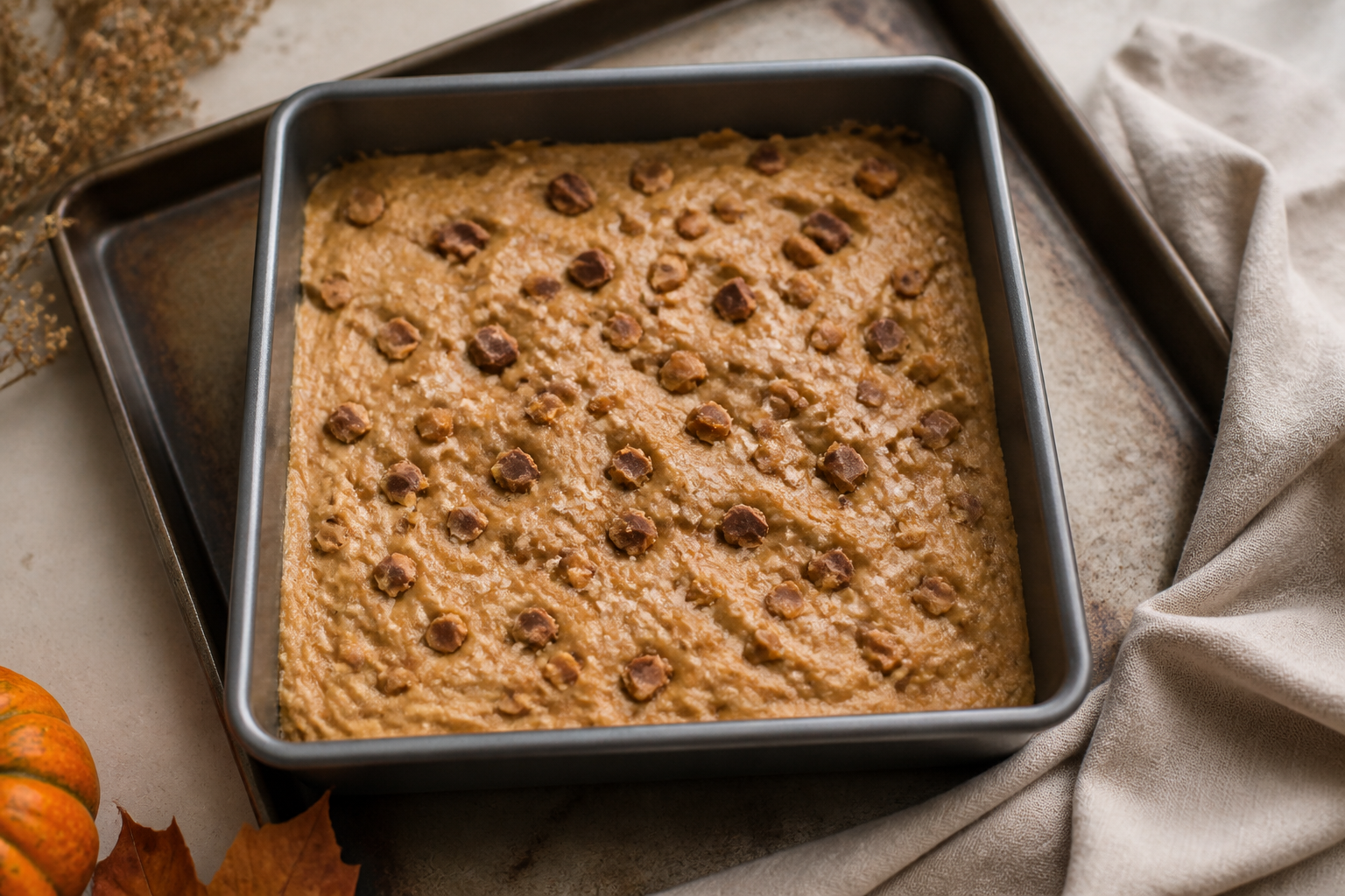 Salted brown butter toffee blondies batter spread in an 8-inch pan before baking