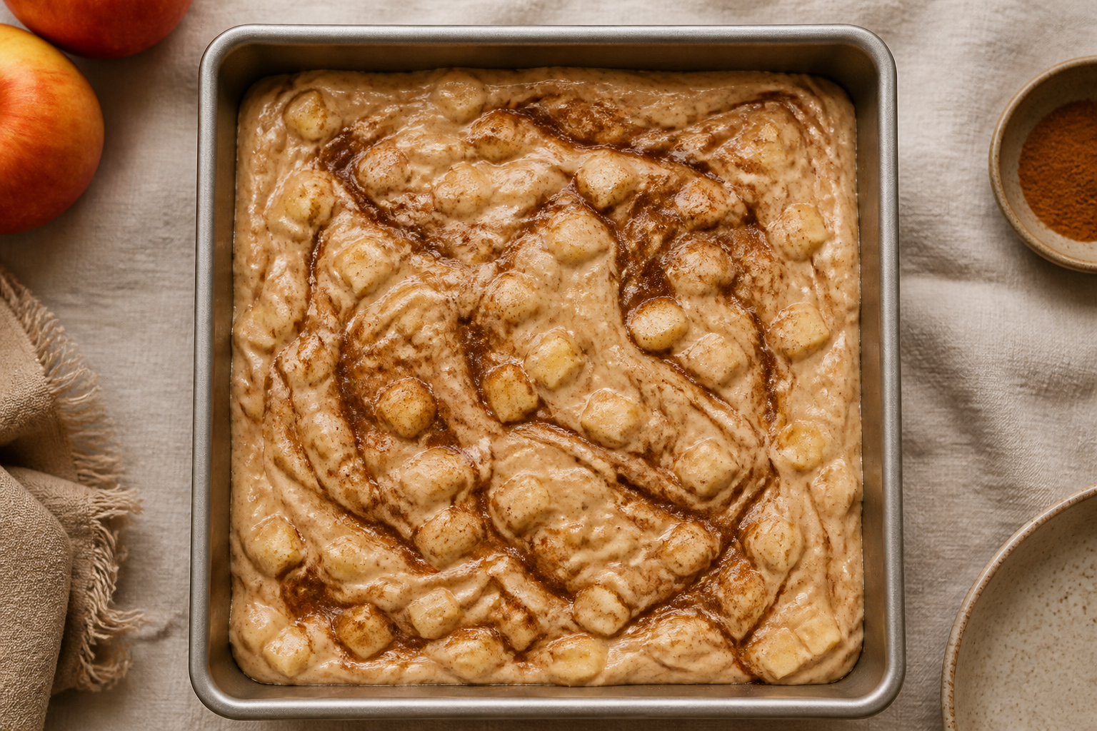 9x9 pan filled with apple fritter cake batter and cinnamon ribbon ready to bake