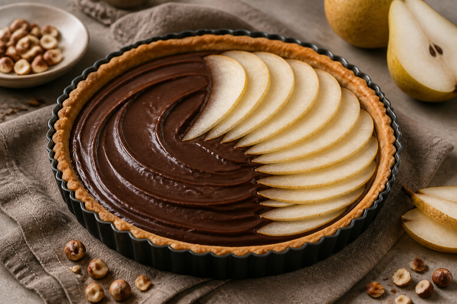 Assembled tart with baked crust, dark chocolate filling, and fanned pear slices before baking