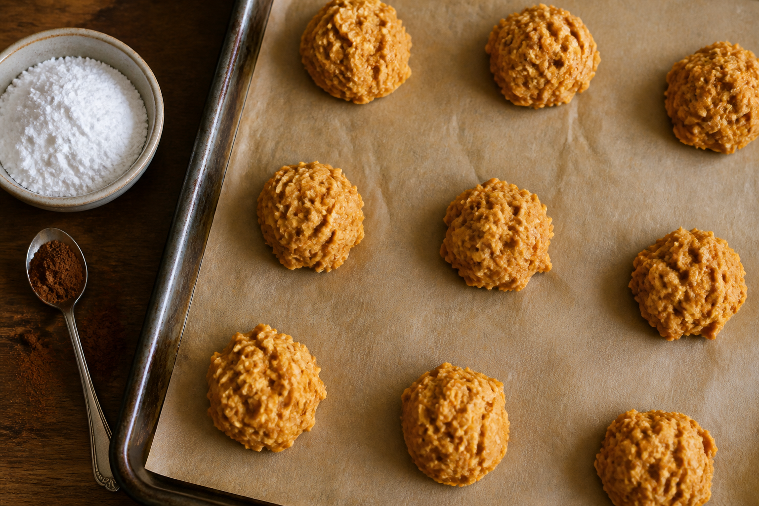 Scooped pumpkin oatmeal cookie dough mounds on a parchment-lined sheet pan, ready to bake