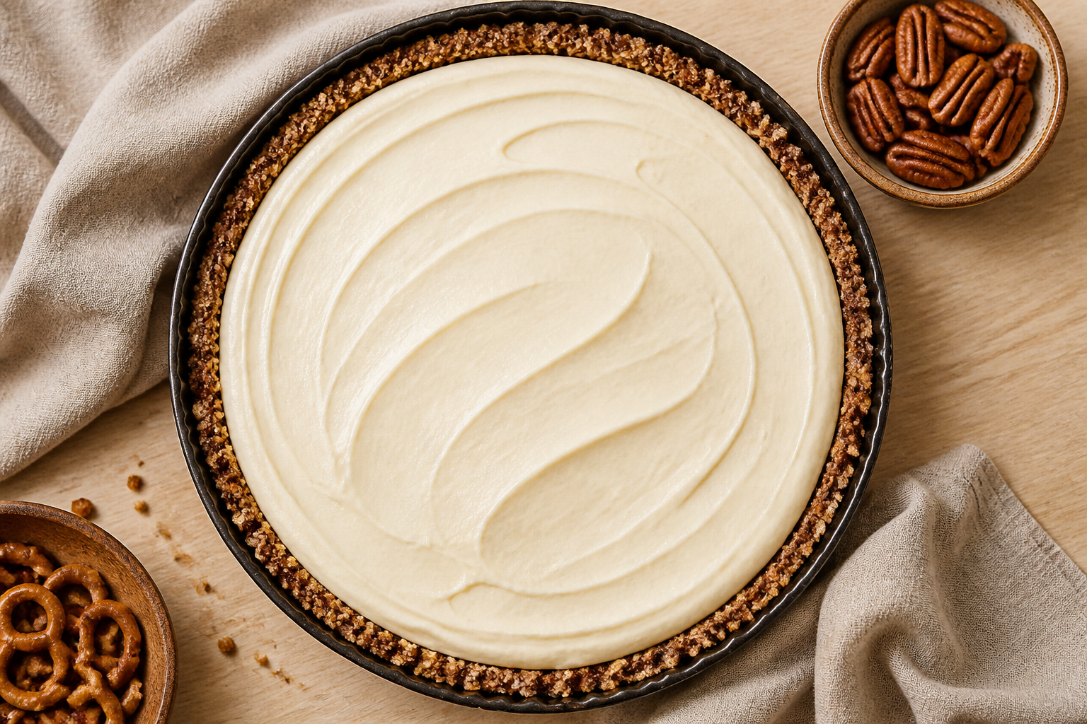 Maple cream-cheese filling smoothed into the pretzel tart crust before chilling