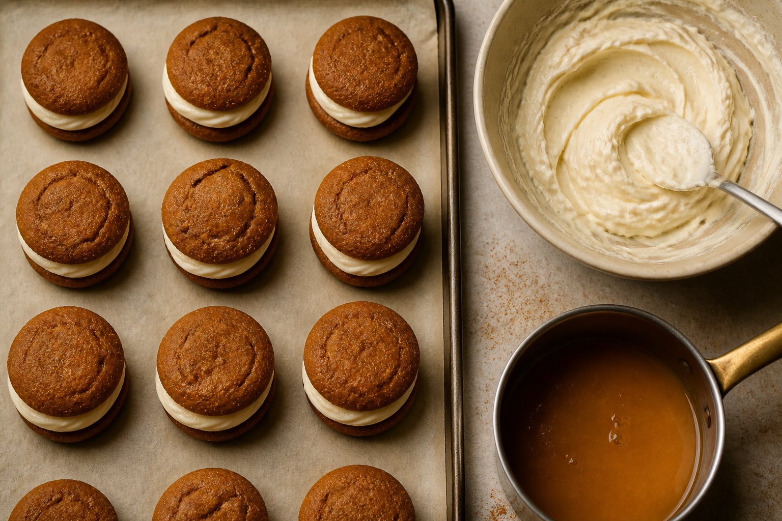 Top-down view of assembled cookies and components for the cider glaze