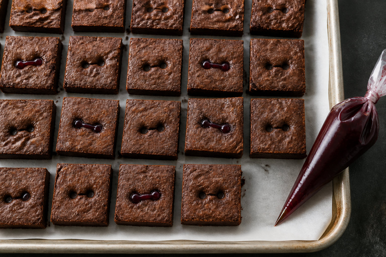 Black cherry sauce being added to two bite marks on cooled fudgy brownies