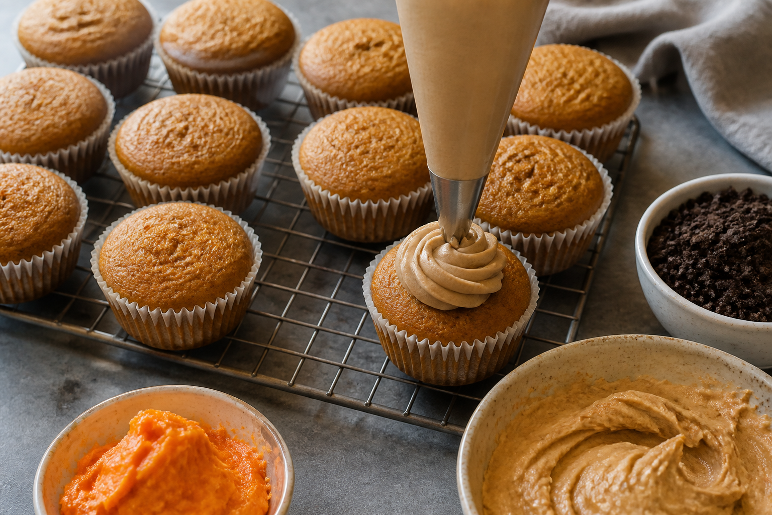 Cooling cupcakes on a rack with piping bag of brown sugar cream-cheese frosting ready for the pumpkin patch decoration