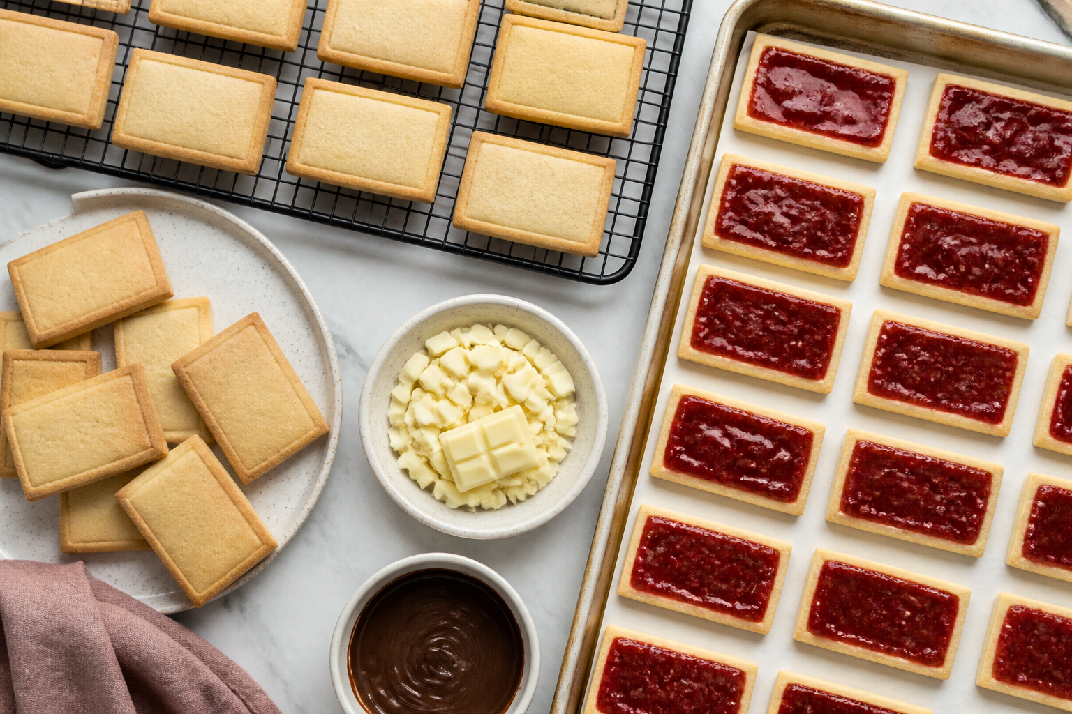 Baked shortbread rectangles cooling and jam-filled cookies staged for sandwiching