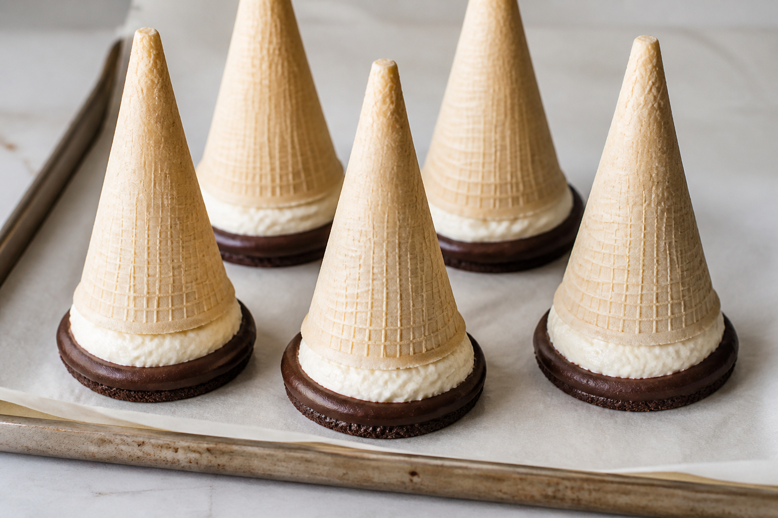 Filled cheesecake cones sealed upright on chocolate cookie brims before coating