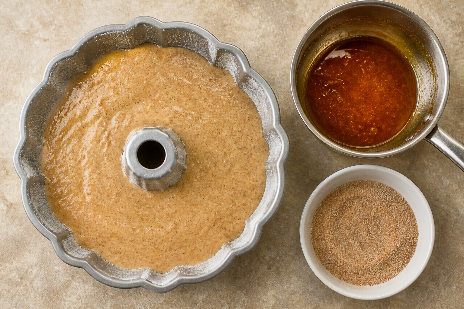 Bundt pan filled with cinnamon-speckled apple cider cake batter, with reduced cider syrup and cinnamon sugar ready for coating